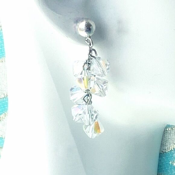 Ab crystal sterling silver cluster dangling pierced earrings - Picture 3 of 7
